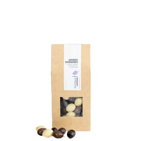 castelain-picorer-amandes-3-chocolats-noir-lait-blanc-180g image 1