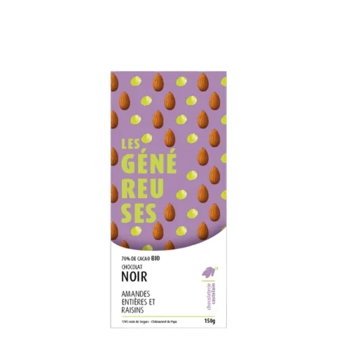 chocolaterie-castelain-tablettes-g-n-reuses-noir-70-amandes-raisins-150g image 1