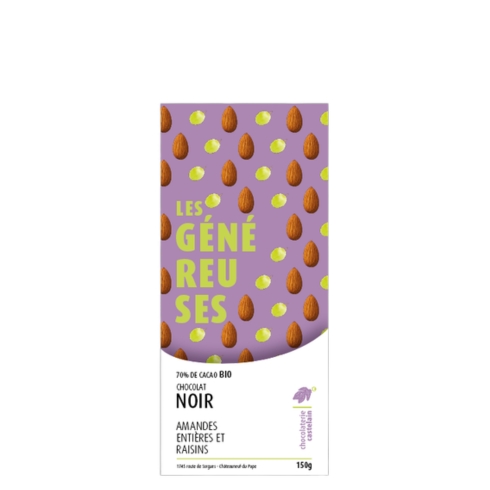 chocolaterie-castelain-tablettes-g-n-reuses-noir-70-amandes-raisins-150g image 1